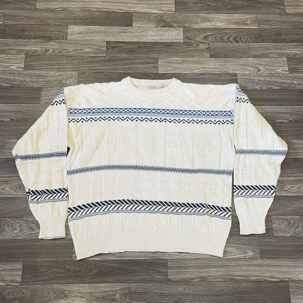 Vintage The Fox Collection Knit Sweater Men’s Large White Striped Hipster 90s